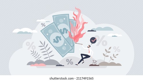 Burn rate and new company negative financial cash flow tiny person concept. Percentage calculation of spending venture capital to finance overhead vector illustration. Money loss and cash reduction.