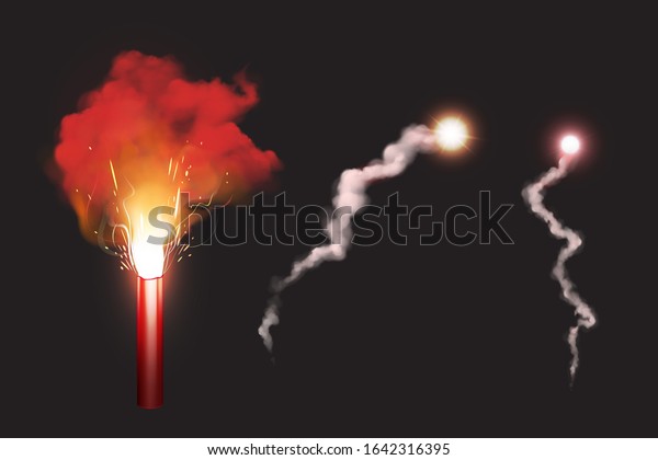 Burn red gun flare, sos fire light signal
for emergency on road or sea. Glowing torch with sparks and color
smoke isolated on black background. Ignition pyrotechnics realistic
3d vector illustration