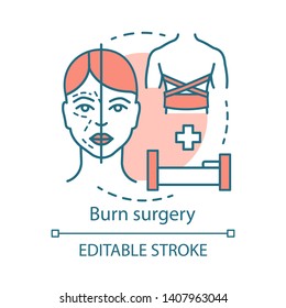 Burn surgery concept icon. Burn and wound treatment idea thin line illustration. Reconstructive plastic surgery. Vector isolated outline drawing. Plastic surgeons. Editable stroke
