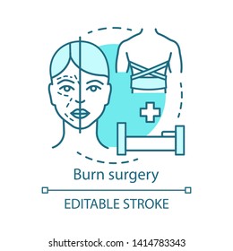 Burn surgery concept icon. Burn and wound treatment idea thin line illustration. Reconstructive plastic surgery. Vector isolated outline drawing. Plastic surgeons. Editable stroke