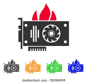 Burn Video Graphics Card icon. Vector illustration style is a flat iconic burn video graphics card symbol with gray, green, blue, yellow color variants. Designed for web and software interfaces.