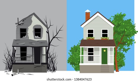 Burned House After Fire And Same House After Restoration, EPS 8 Vector Illustration