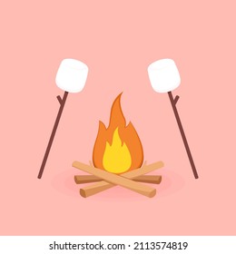 Burned Marshmallows. Marshmallow stick and Bonfire vector.