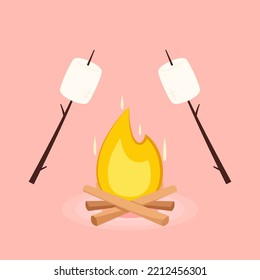 Burned Marshmallows. Marshmallow stick and Bonfire vector.