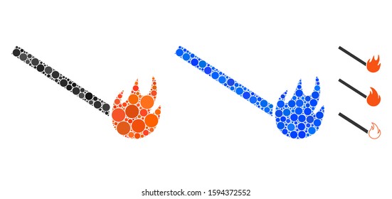 Burned match composition of circle elements in variable sizes and color tints, based on burned match icon. Vector circle elements are united into blue composition.