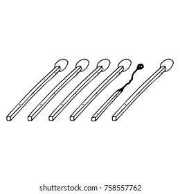 Burned match. Hand drawn row of wooden matches. Vector illustration.