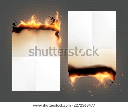 Burned old paper realistic and isolated icon set two sheets set on fire from different sides at the top and bottom on transparent background vector illustration