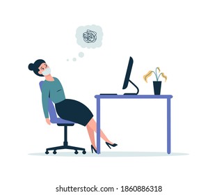 burned out business woman in the workplace, girl tired from working on computer. Flat vector cartoon modern illustration.