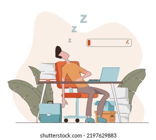 Quemado en el trabajo. Un hombre duerme en la oficina de su escritorio
