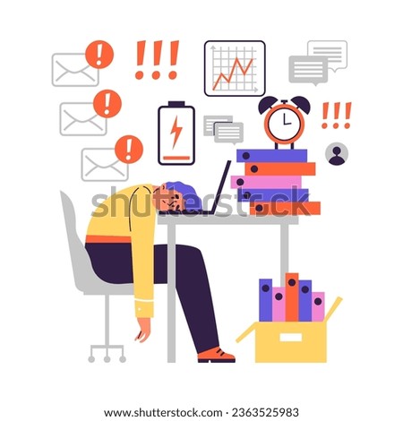 Burned out workaholic laying his head on table, flat vector illustration isolated on white background. Stressed and depressed man, employee drained out of energy. Exhausted person.