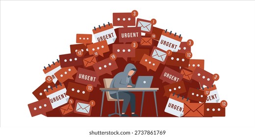 Burned out worker struggling with an excessive workload from numerous urgent emails calendar appointments and chat messages
