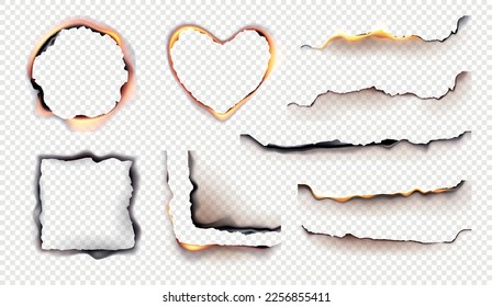 Burned paper realistic set with isolated stripes and holes of burnt paper with flames of fire vector illustration
