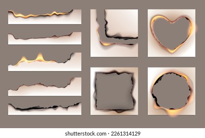 Burned paper realistic set with isolated images of paper sheets with burning edges and holes inside vector illustration