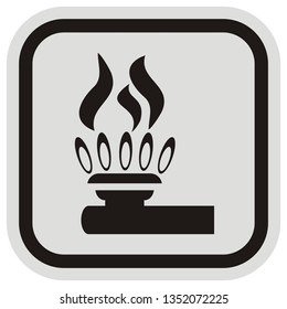 Burner, flame, vector icon at gray and black frame. Symbol for fire hazard.