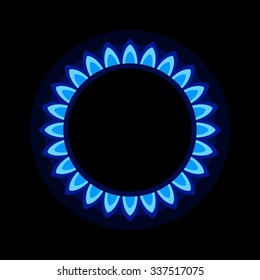 Burner Gas Ring with Blue Flame on Dark Background. Vector