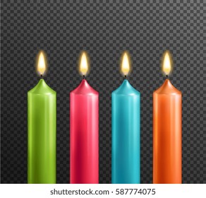 Burning 3d realistic dinner candles 4 piece set green red blue orange on dark transparent background vector illustration 