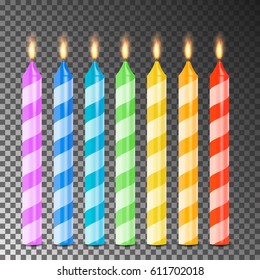 Burning 3D Realistic Dinner Candles Vector. Birthday Cake Candles. Burning Flames Of Wax Paraffin
