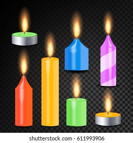 Burning 3D Realistic Dinner Candles Vector. Decorative Aromatic Tealight Candles Set. Isolated Tea Candle Sticks With Burning Flames On Transparent Background. Holiday Decoration Color Element 