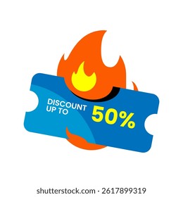 Burning 50% Discount Voucher Vector Illustration. Hot Sale, Flash Deal, Urgent Promo, Limited Time Offer Concept