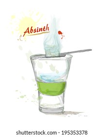 burning absinthe in the glass. Stylized watercolors. Vector.