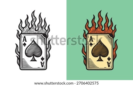 Burning ace of spades card with bold flames and etched details, creating a dramatic fiery design.