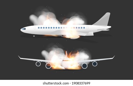 Burning Airplanes Set. Airplane crash concept. Side and front view. Realistic style. Vector illustration.