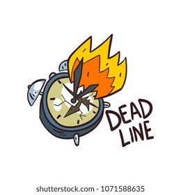 Burning alarm clock and Deadline word, time limit vector Illustration on a white background