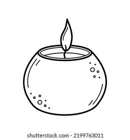 Burning aroma candle in a concrete pot in doodle sketch style. Decor for home, aromatherapy, relaxation. Vector illustration isolated on white background.