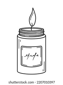 Candela de aroma en frasco de vidrio. Decoración moderna para el hogar, aromaterapia, relajación. Icono de esbozo dibujado a mano. Ilustración vectorial aislada en estilo de línea de doodle.