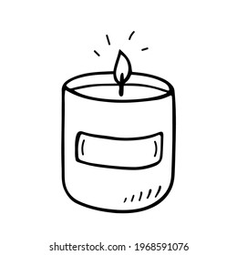 Burning aroma candle in a jar isolated on white background. Vector hand-drawn illustration in doodle style. Aromatherapy, relaxation design element. Suitable for cards, logo, decorations.
