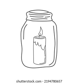 Burning aroma candle in a jar isolated on white background. Vector hand-drawn illustration in doodle style. Aromatherapy, relaxation design element. Suitable for cards, logos, decorations.