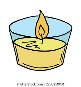 Burning aroma candle in a jar. Single doodle illustration. Hand drawn clipart for card, logo, design