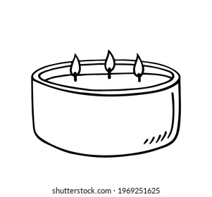 Burning aroma candle with three wicks isolated on white background. Vector hand-drawn illustration in doodle style. Aromatherapy, relaxation design element. Suitable for cards, logo, decorations.