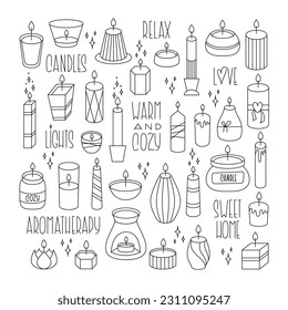 Burning Aroma Candles Cute Doodle Set.  Comfort Theme, Home Design and Romance Elements Editable Stroke. Candle Line Art Drawn Collection.