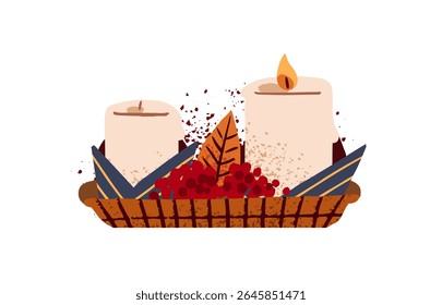 Burning aroma candles with dry autumn leaf. Cozy candlelights with fire, flame. Home decor, interior decoration with fall aesthetics. Flat isolated drawing vector illustration on white background