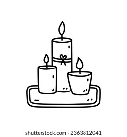 Burning aroma candles on a tray isolated on white background. Vector hand-drawn illustration in doodle style. Perfect for logo, decorations, various designs. Aromatherapy, spa accessories.
