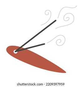 Burning aromasticks doodle icon, vector illustration of inscense sticks in a holder, incense burner for aromatherapy and meditation, isolated colored clipart on white background