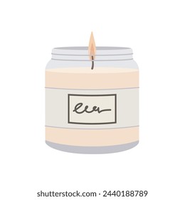 Burning Aromatherapy candle in glass jar with label sticker isolated on white background. Hand drawn Vector illustration. Aroma candle icon. Hand crafted candle. Flat design