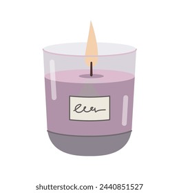 Burning Aromatherapy candle in glass jar with label sticker isolated on white background. Hand drawn Vector illustration. Aroma candle icon. Hand crafted candle. Flat design