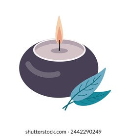 Brennende Aromatherapie Kerze im Glas mit Etikettenaufkleber isoliert auf weißem Hintergrund. Hand gezeichnete Vektor-Illustration. Aroma Candle-Symbol. Handgefertigte Kerze. Flache Bauweise