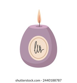 Burning Aromatherapy candle with label sticker isolated on white background. Hand drawn Vector illustration. Aroma candle icon. Hand crafted candle. Flat design