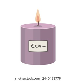 Burning Aromatherapy candle with label sticker isolated on white background. Hand drawn Vector illustration. Aroma candle icon. Hand crafted candle. Flat design