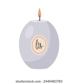 Burning Aromatherapy candle with label sticker isolated on white background. Hand drawn Vector illustration. Aroma candle icon. Hand crafted candle. Flat design