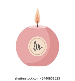 Brennende Aromatherapie-Kerze mit Etikettenaufkleber auf weißem Hintergrund isoliert. Hand gezeichnete Vektor-Illustration. Aroma Candle-Symbol. Handgefertigte Kerze. Flache Bauweise