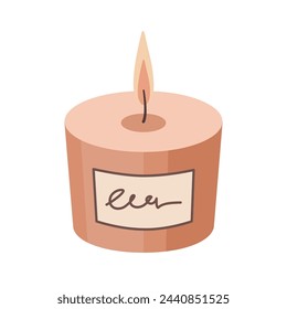 Brennende Aromatherapie-Kerze mit Etikettenaufkleber auf weißem Hintergrund isoliert. Hand gezeichnete Vektor-Illustration. Aroma Candle-Symbol. Handgefertigte Kerze. Flache Bauweise