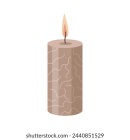 Burning Aromatherapy candle with label sticker isolated on white background. Hand drawn Vector illustration. Aroma candle icon. Hand crafted candle. Flat design