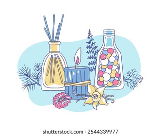 Vela aromática ardiente, palos de aroma y botella con perfume bolas de gel de colores Ilustración vectorial plana. Fragancia natural, esencia de coníferas, sabor a hierbas. Relajación y aromaterapia