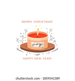 Burning aromatic candle in jar. Christmas and Happy New Year greeting card. Winter mood scent. Aesthetic vector illustration.
