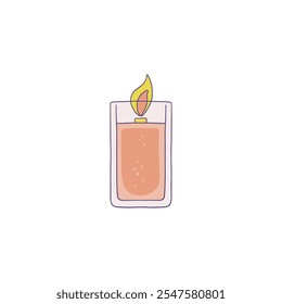 Burning aromatic candle natural fragrance flat vector illustration. Decorative beige wax candle in glass jar. Relaxation and aromatherapy design element isolated