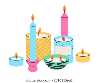 Queimando velas aromáticas. Velas coloridas de aroma, velas decorativas de cera, decoração interior caseira bonito e aromaterapia ilustração vetor plana. Coleção de velas brilhantes